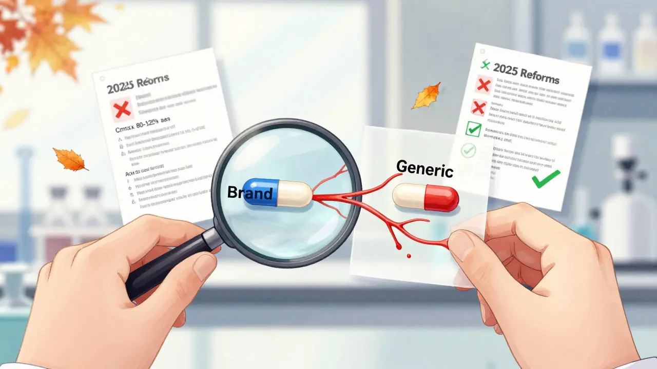 Scientist comparing generic and brand pills under a magnifying glass, with data streams showing bioequivalence levels.
