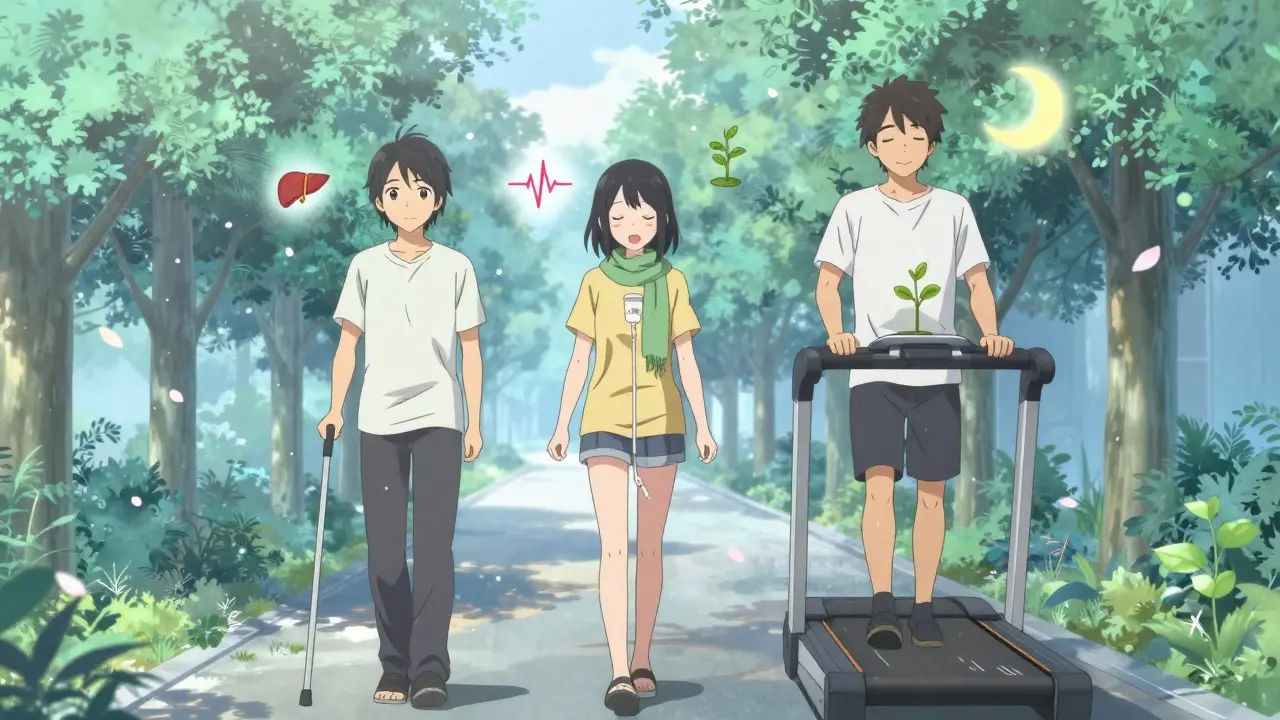 Three diverse individuals walk together at dawn, surrounded by symbols of healing — liver, heartbeat, sleep, and growth — representing quiet resilience.