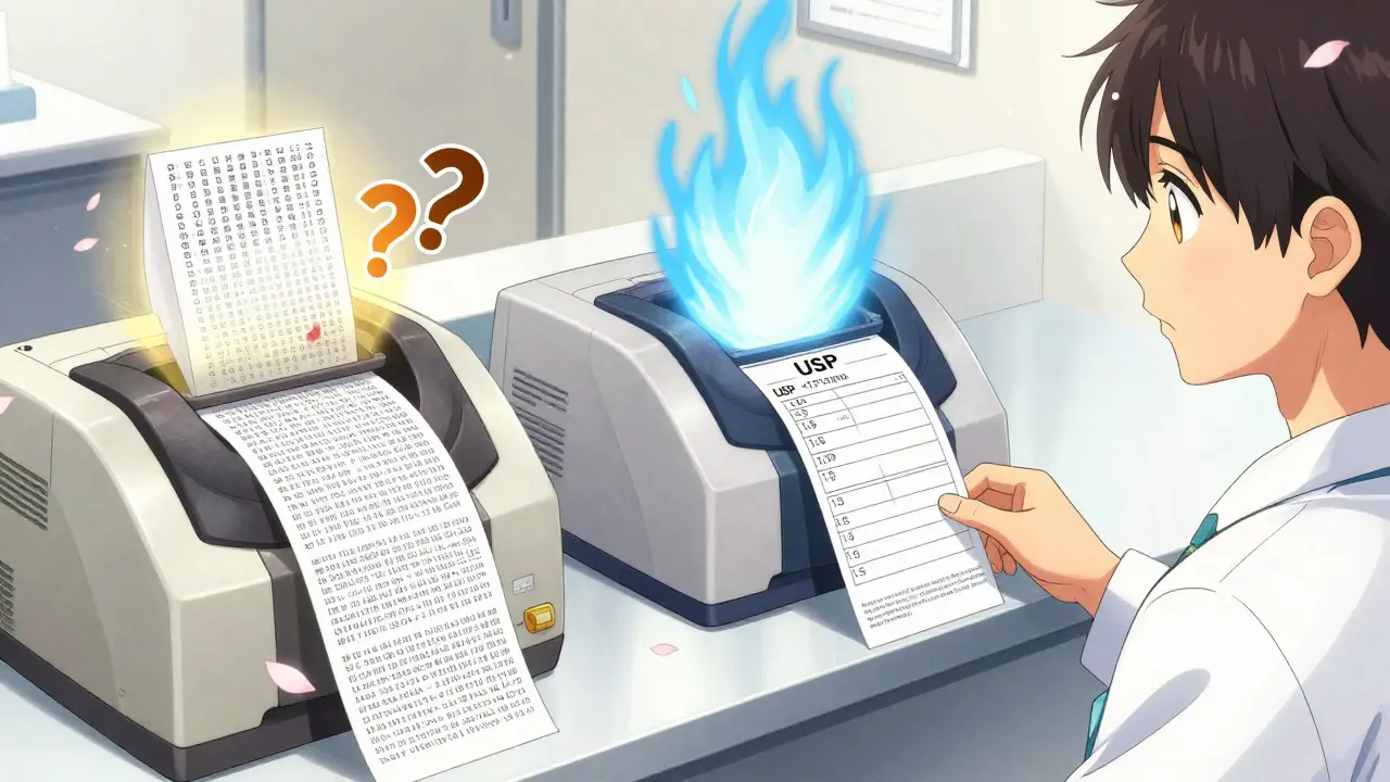 Two pharmacy technicians print labels on different machines—one messy, one clean—under soft lighting.