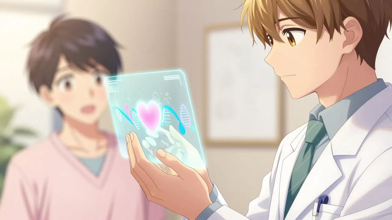 A holographic genetic sequence with a heart icon representing personalized medicine.
