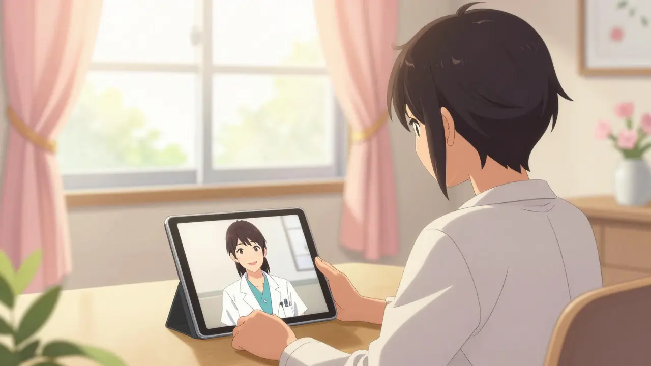 A patient having a friendly telehealth consultation via tablet in shoujo manga style