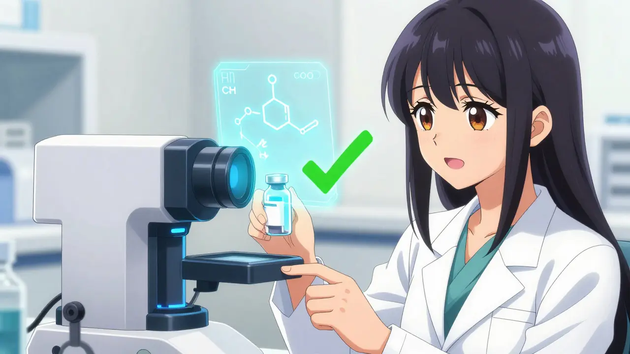 A pharmacist using a high-tech scanner to verify medicine authenticity.