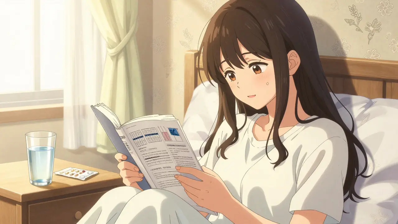 A woman feeling relieved after reading scientific evidence about medication interactions.