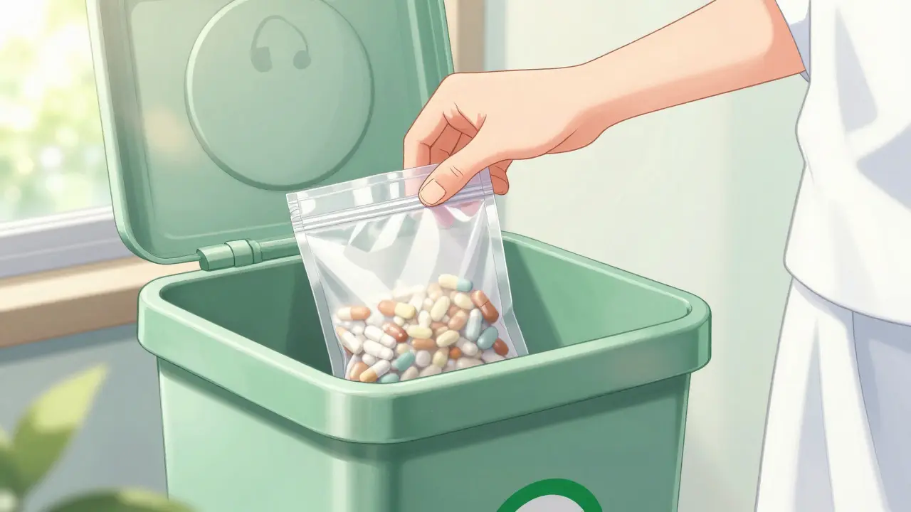 Anime illustration of a person placing a medication disposal bag into a pharmacy collection bin