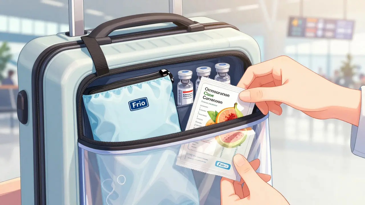 Close-up of an insulin cooling sleeve and snacks in a clear travel bag
