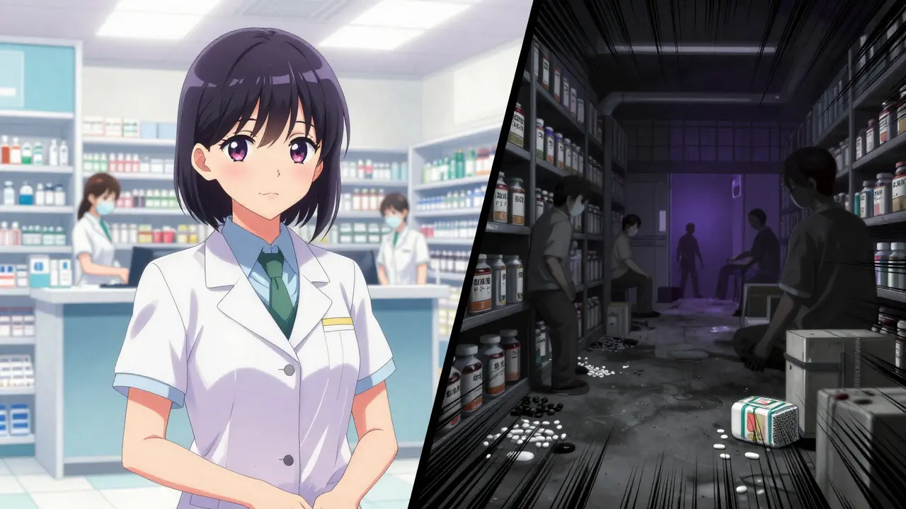 Comparison between a clean licensed pharmacy and a dark illegal drug warehouse.
