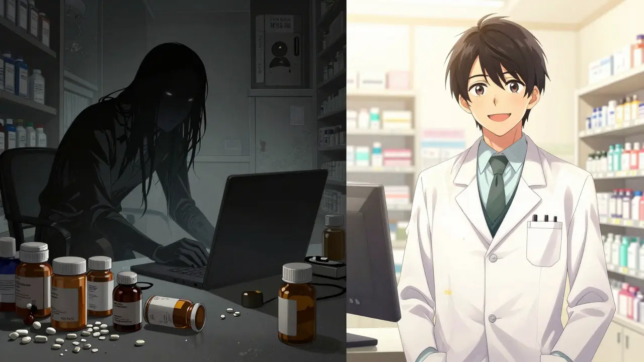 Comparison between a shadowy rogue website operator and a professional pharmacist in manga art.