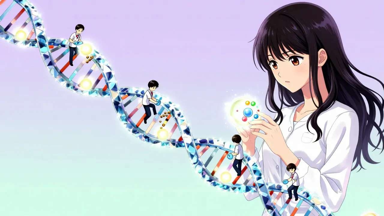 Cute personified enzymes cleaning glowing spheres along a crystalline DNA helix.