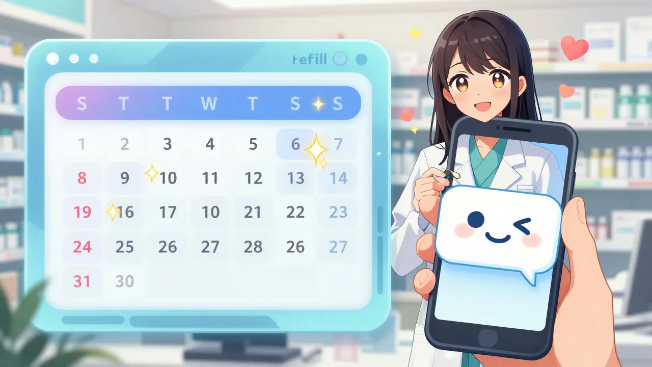 Digital pharmacy notification and a friendly pharmacist in shoujo manga art.