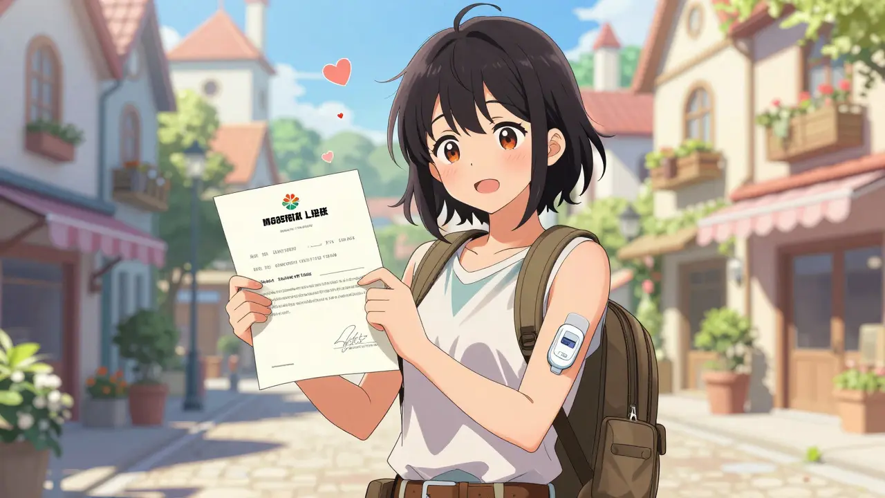 Happy traveler in a foreign city holding a medical doctor's letter
