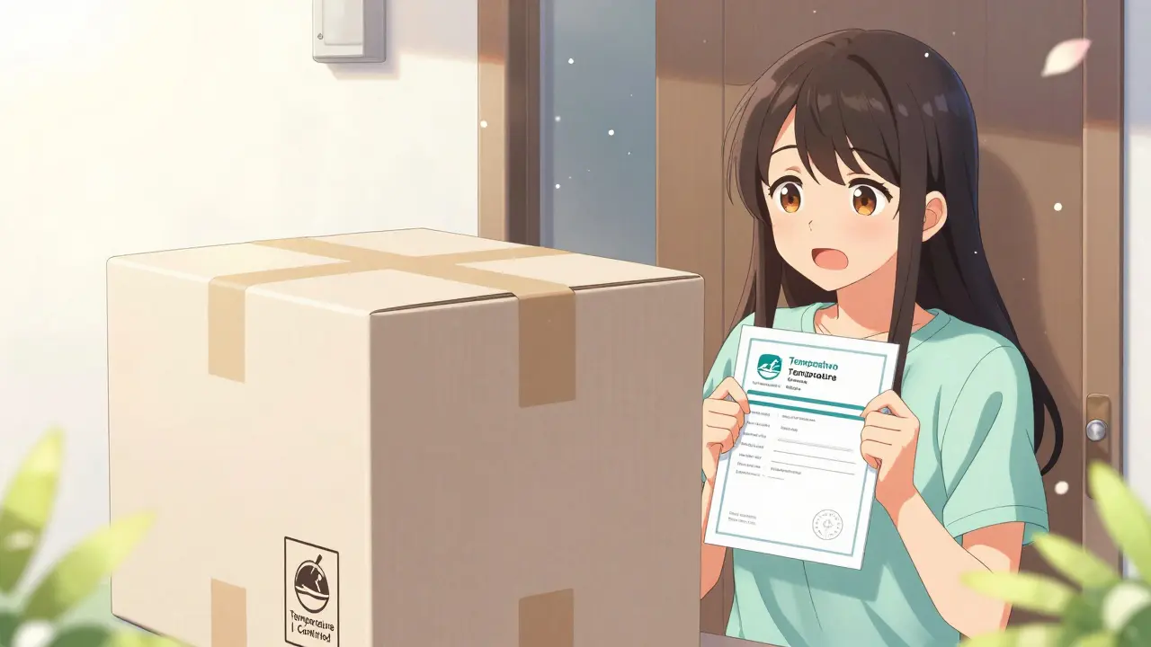 Happy woman receiving a temperature-controlled medical package with a verification seal in manga style.