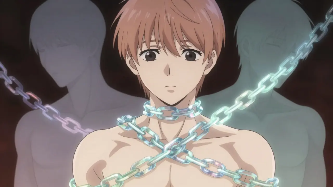 Manga illustration of ghostly chains constricting a silhouette to represent respiratory depression.