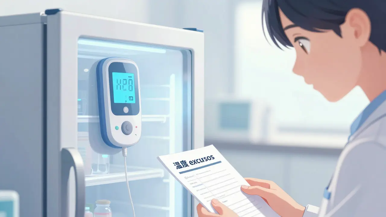 Shoujo manga depiction of a medical refrigerator with a digital temperature monitor