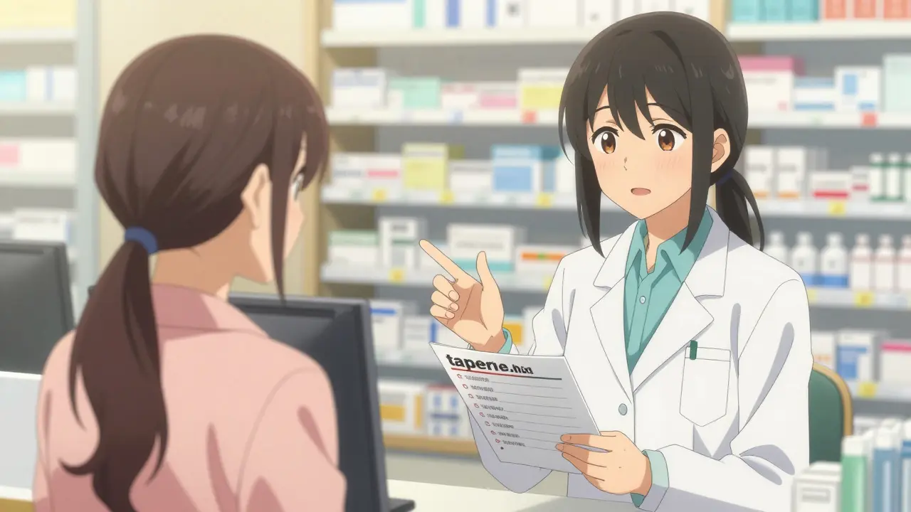 Shoujo manga illustration of a patient discussing medication with a pharmacist