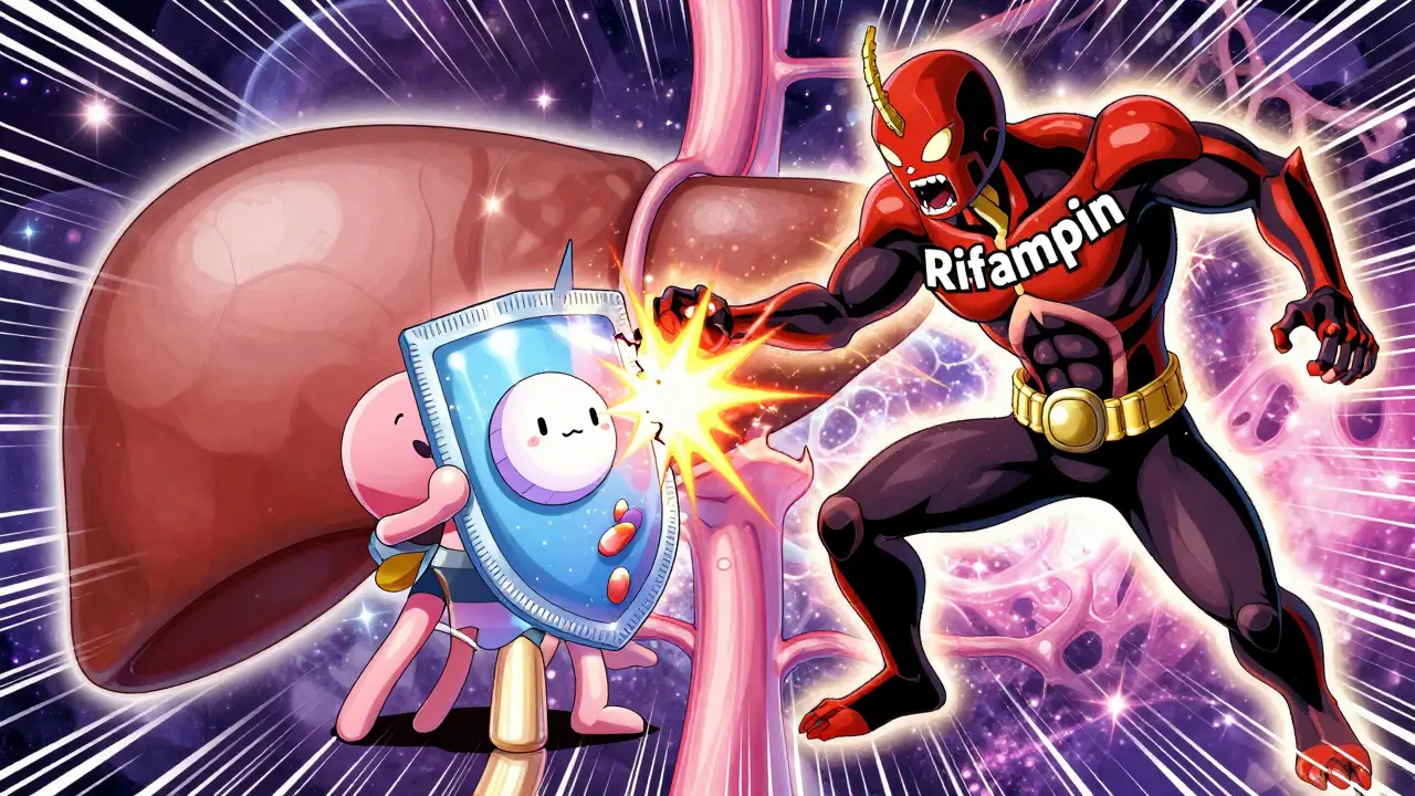 Stylized manga depiction of Rifampin antibiotic affecting contraceptive hormones in the body.