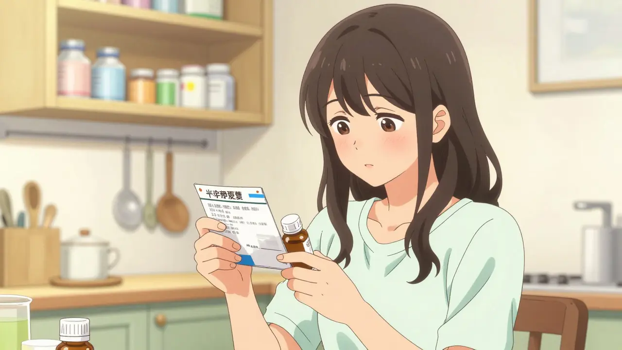 Woman reviewing her medication labels in a cozy kitchen, shoujo manga style.